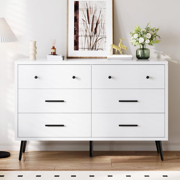 DWVO White 6 Drawers Dresser, Modern Wood Dresser Chest of Drawers with Black Metal Handle ＆ Anti-Tipping Device, Modern Storage Cabinet for Hallway, Entryway, Living Room