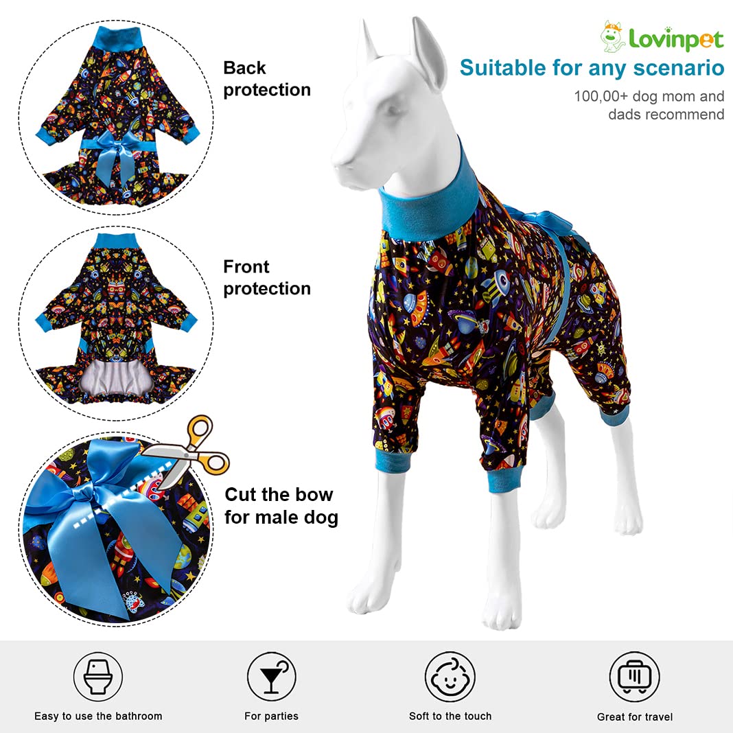 LovinPet Pitbull Onesie - Large Dog Pajamas, Post Surgery Recovery Shirt, Stretchy Fabric, Aim for the Moon Flannel Navy Print, Anti Licking, Easy to Wear Girl or Boy Dog Jammies, Pitbull Clothes, 2XL