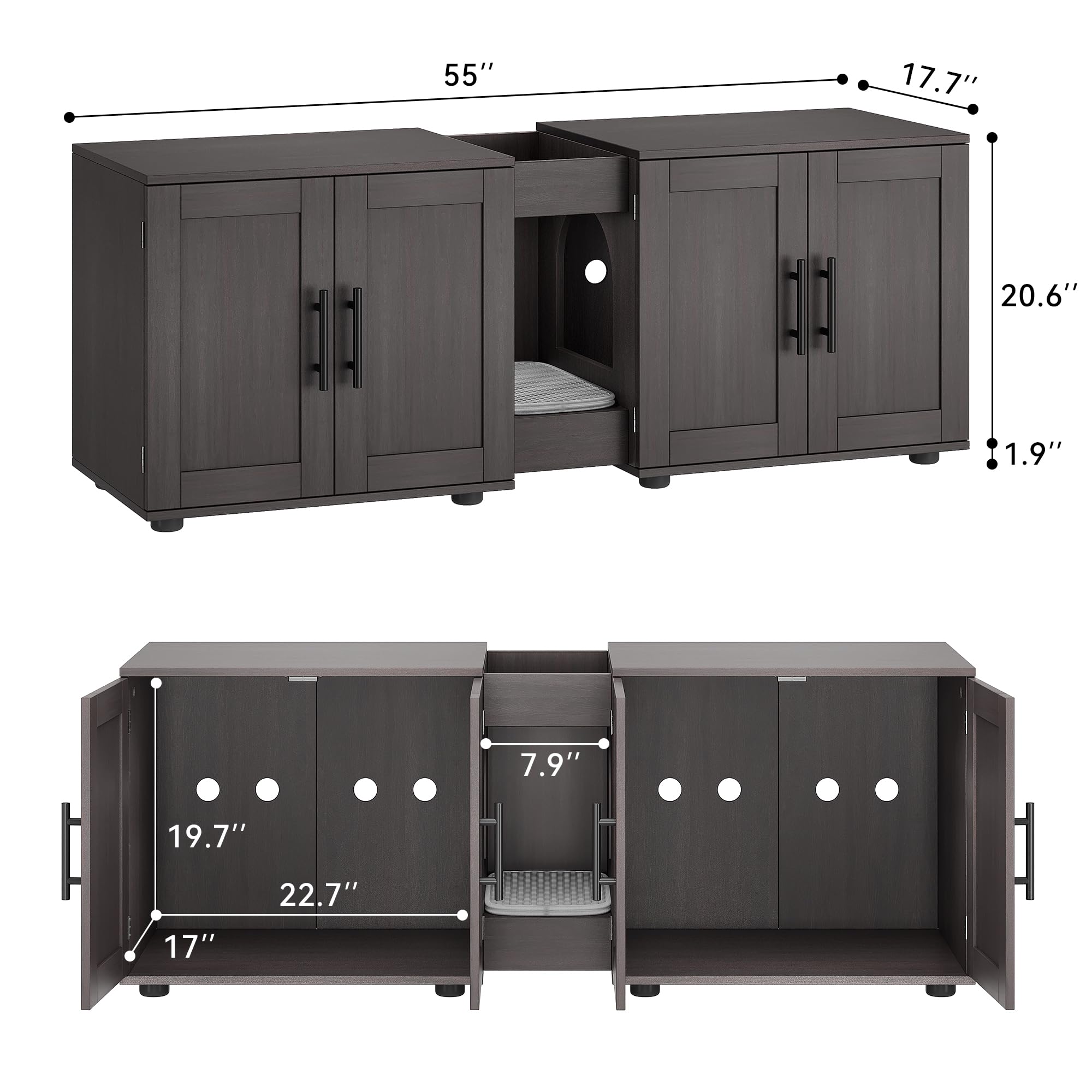 Gaomon Litter Box Enclosure with Double Room,Cat Hidden Litter Box Enclosure Furniture for 2 Cats with Double Room, 55”L x 17.7”W x 22.5”H Cat House,Wooden Enclosed Cat Litter Box Furniture,Walnut