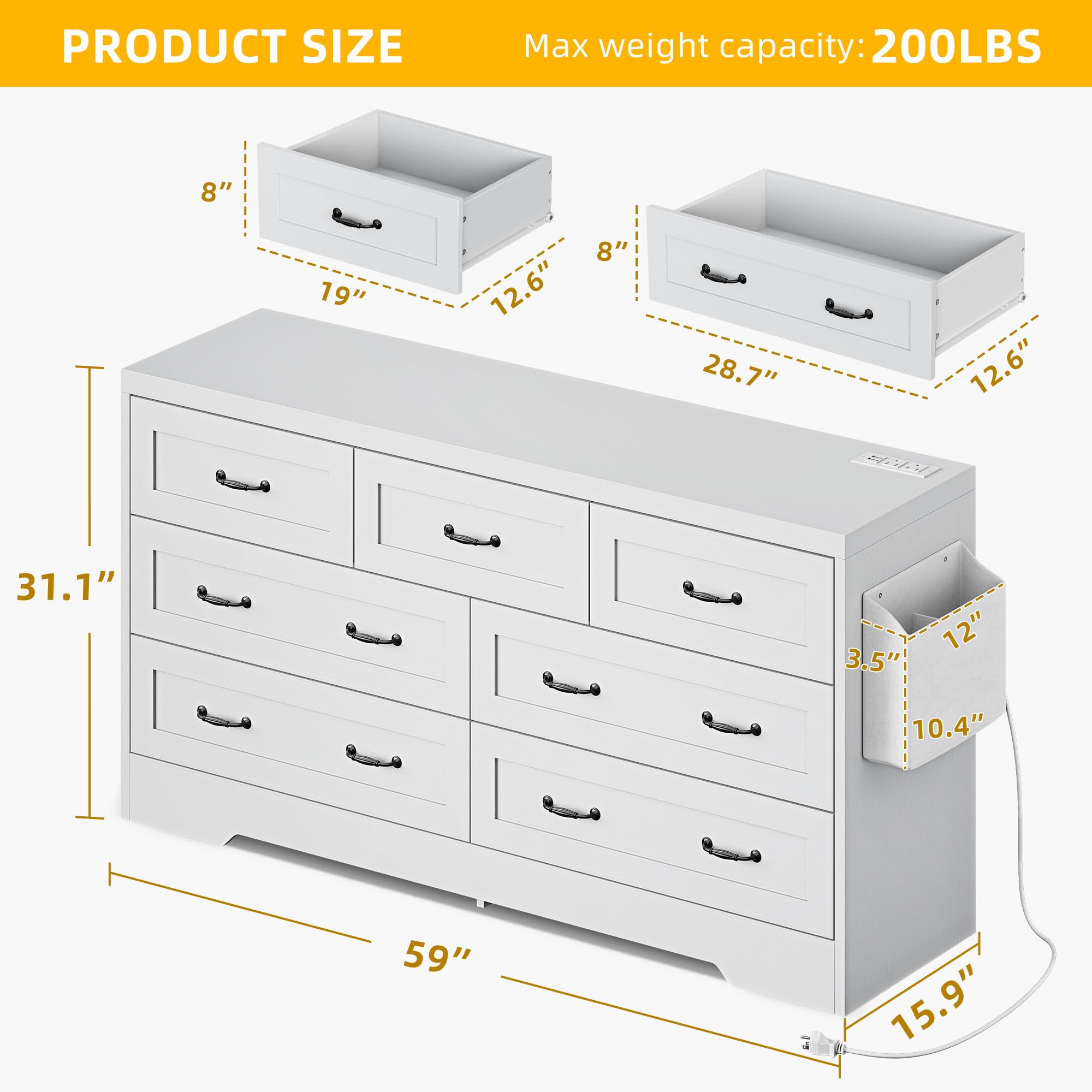 DWVO Farmhouse 7 Drawer Dresser for Bedroom, 59" Wide Large Modern Dresser TV Stand with Drawers & Bar Handles, Storage Dressers with Power Outlets, Rustic Wood Chest of Drawers, White
