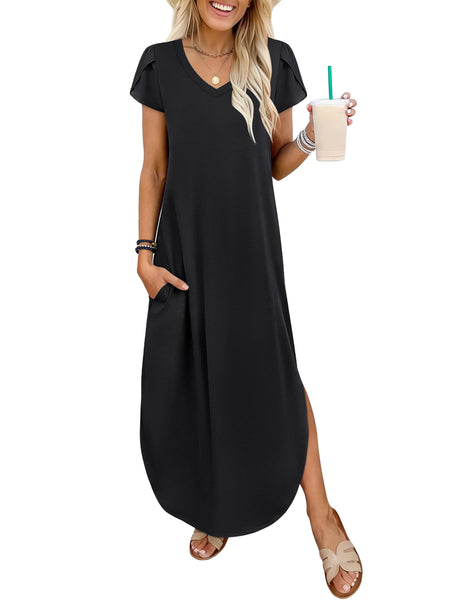 ANRABESS Womens Summer Maxi Dresses 2026 Casual Short Sleeve V Neck Loose Split Long Beach Sundress Travel Vacation Clothes Black Small