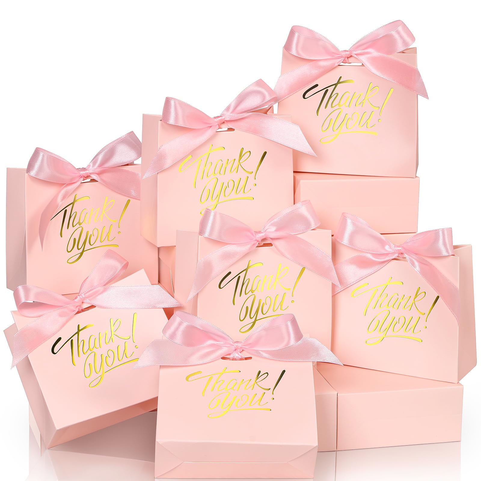 EQOREIIN Small Gift Bags, 25 Pack 4.5x1.8x3.9 Inches Mini Thank You Bags Pink Kraft Paper Gift Bag with Bow Ribbon, Small Candy Bags Gift Bag Bulk for Birthday Wedding Baby Shower (Pink)