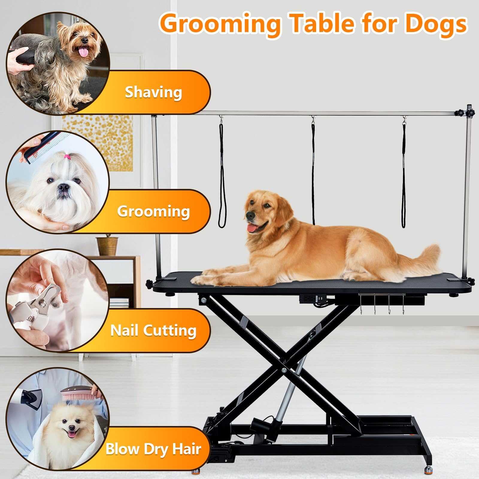 Towallmark 60" Electric Dog Grooming Table, Heavy Duty Steel Frame, Max Load 350Lbs, Professional Pet Grooming Table for Dogs & Cats, Black, Aluminum, Modern Style