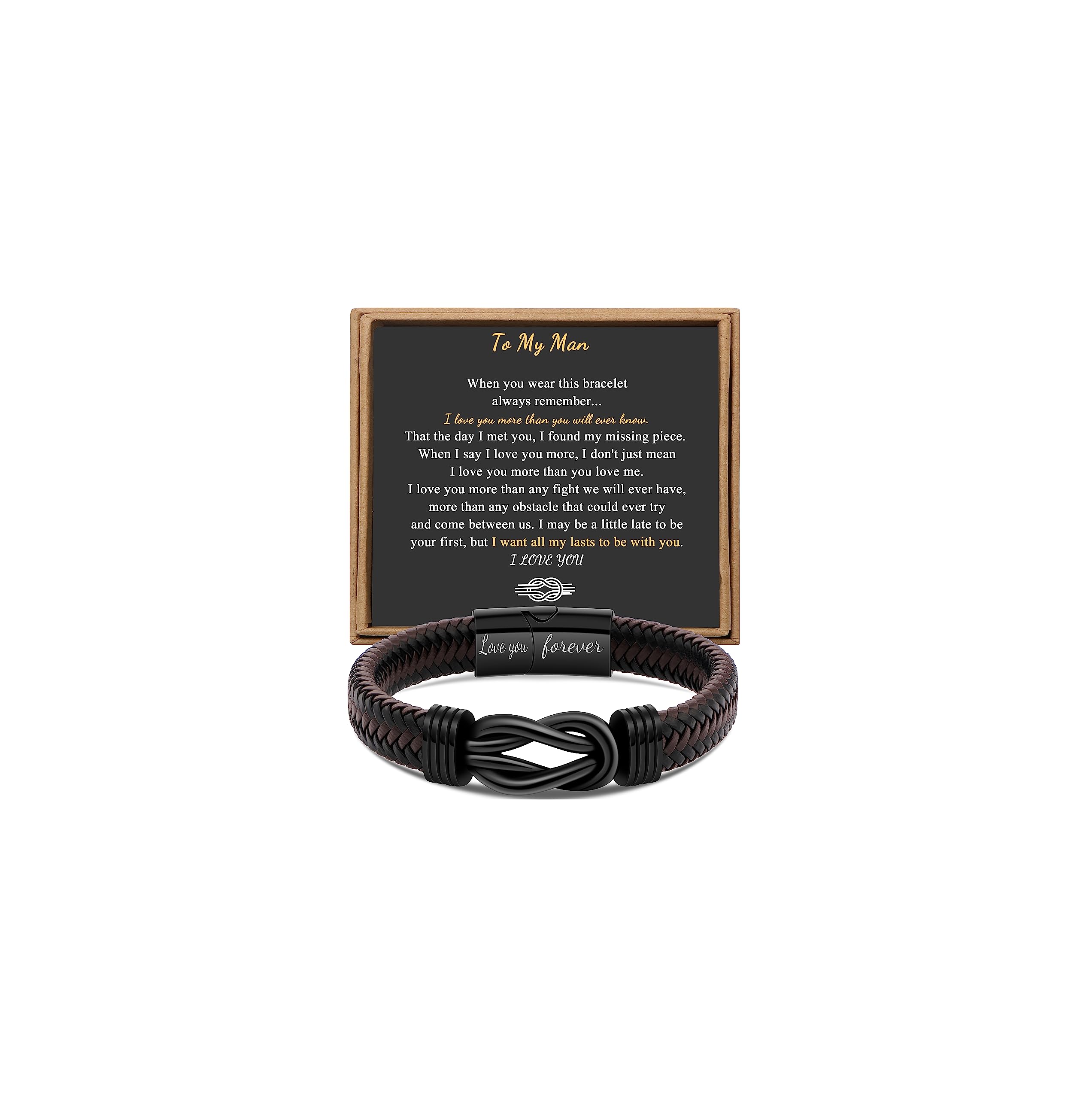 Gift for Men Infinity Bracelet for Men Dad Husband Boyfriend Son Grandson Brother Nephew Uncle Brown Braided Leather Forever Linked Together Stainless Steel Engraved with Love You Forever Jewelry