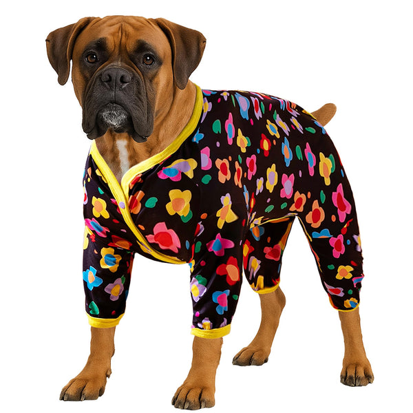 LovinPet Clothes for Labrador Pajama, Anxiety Calming Shirt,Anti Licking Dog Pajamas, Lightweight Fabric, Vintage Happy 2 Quilted Multi Print, Large Dog Pjs, Pitbull Clothes, Black Yellow XL