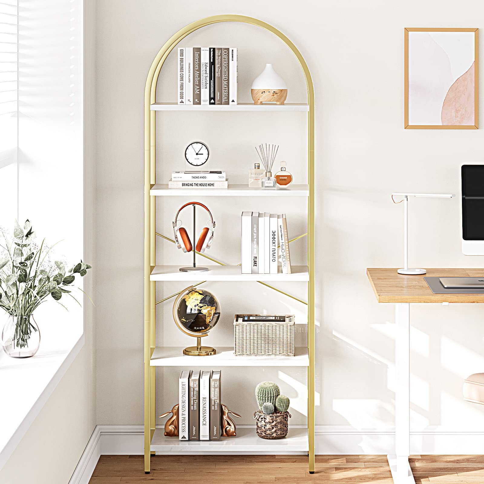 GarveeHome Arched Bookshelf 5 Tier Tall Bookcase Modern Standing Bookshelves Metal Storage Rack Shelf Wood Book Shelf for Bedroom, Living Room, Home Office (Gold)