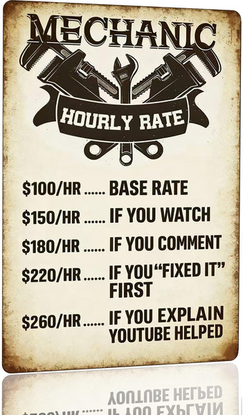 Vintage Garage Sign for Men – Funny Metal Tin Sign , Classic Car Garage Decor & Man Cave Wall Art, Retro Shop Sign, Vintage Metal Signs for Garage, 8 x 12 Inch Work Shop Accessories Mechanic Hourly Rate Metal Tin Sign