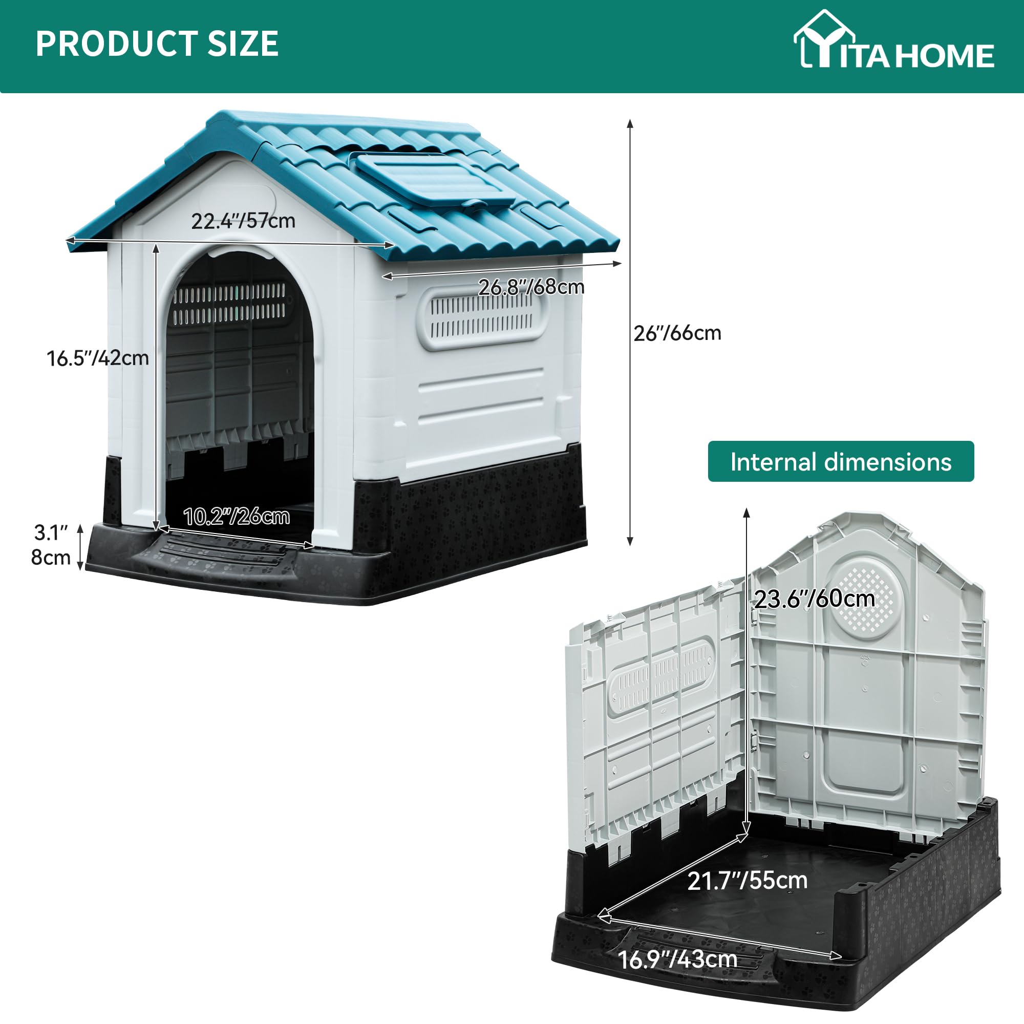 YITAHOME 26.8'' Folding Large Dog House Outdoor Plastic Doghouse with Adjustable Skylight and Elevated Base Water Resistant Pet House for Small Dogs (26.8''L*22.4''W*26''H)
