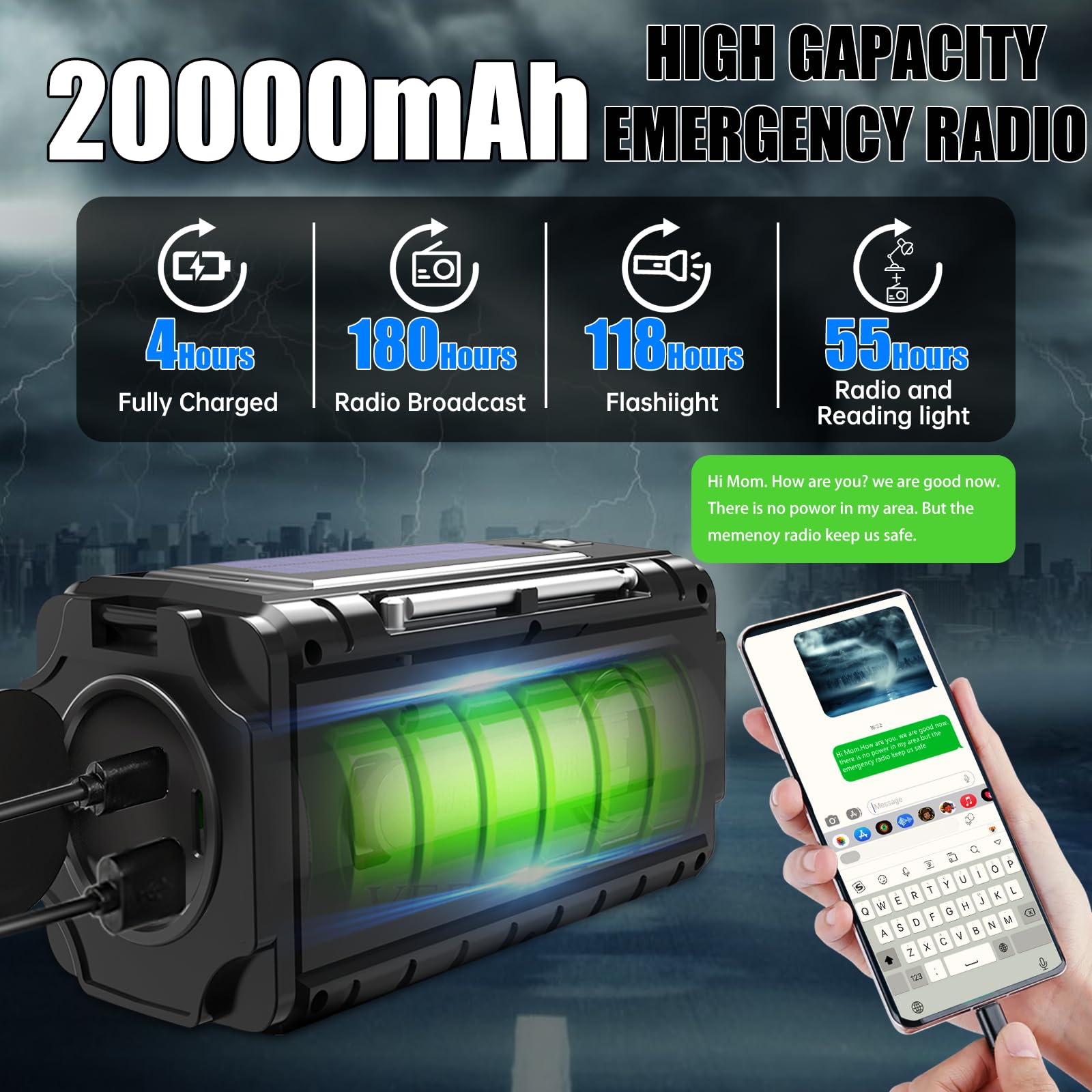 TFTDOUP Emergency Radio Hand Crank Solar, AM/FM/SW NOAA Weather Radio Built-in Flashlight, Reading Light,SOS, Compact & Portable for Camping/Emergencies