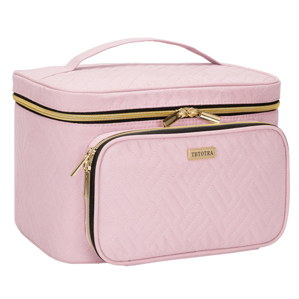 TBTOTRA Travel Makeup Bag with Jewelry Organizer, Large Cosmetic Case, Waterproof Toiletry Bag for Cosmetics, Brushes, and Tools, Pink