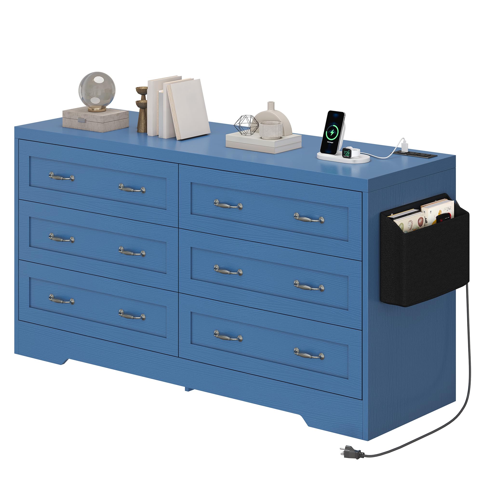 GOOBED Farmhouse 6 Drawer Dresser for Bedroom, TV Stand with Large Drawers & Bar Handles, Storage with Power Outlets, Rustic Wood Chest of Drawers, Blue