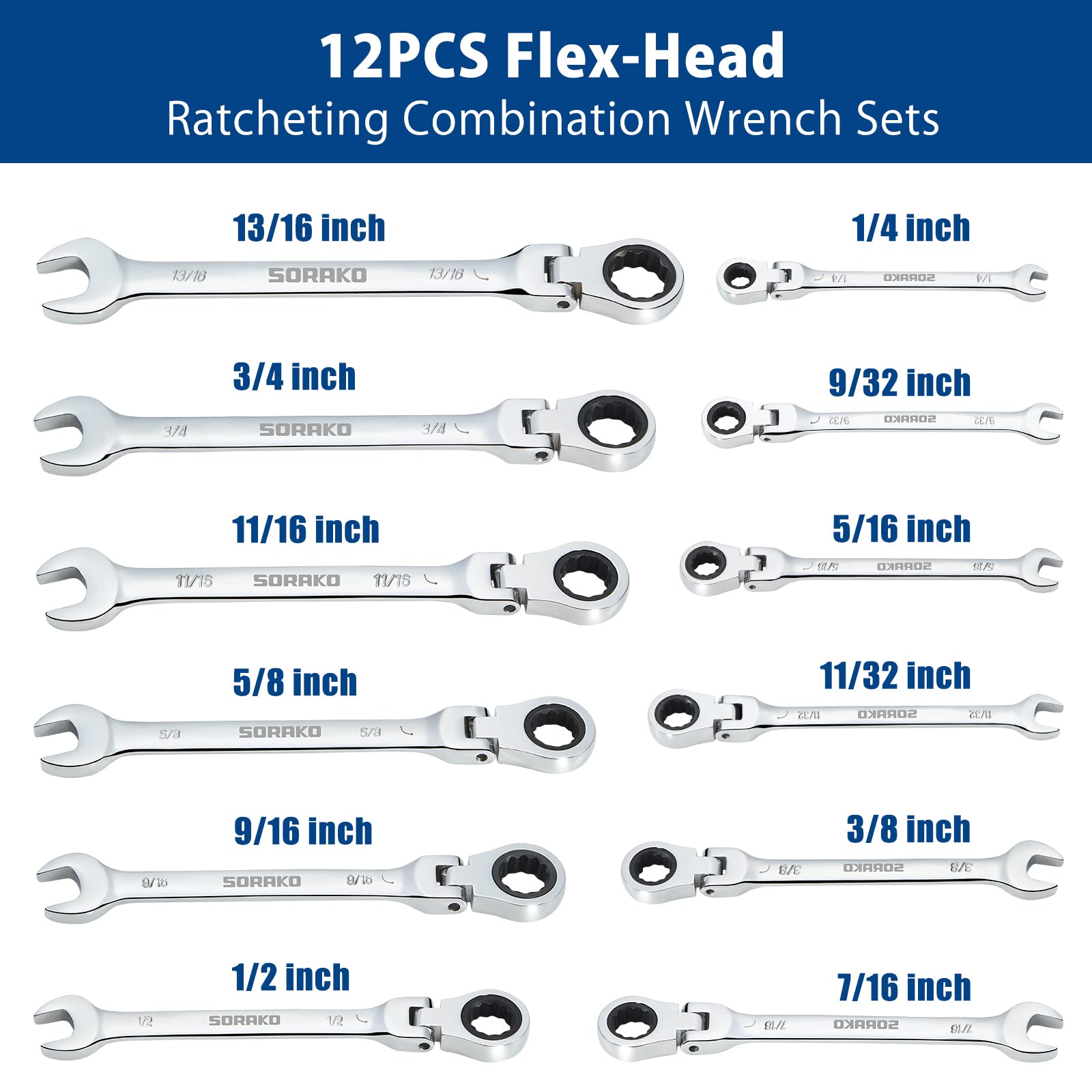 Ratcheting Combination Wrench Industrial Grade Cr-V Steel Gear (B-16Pcs Set)