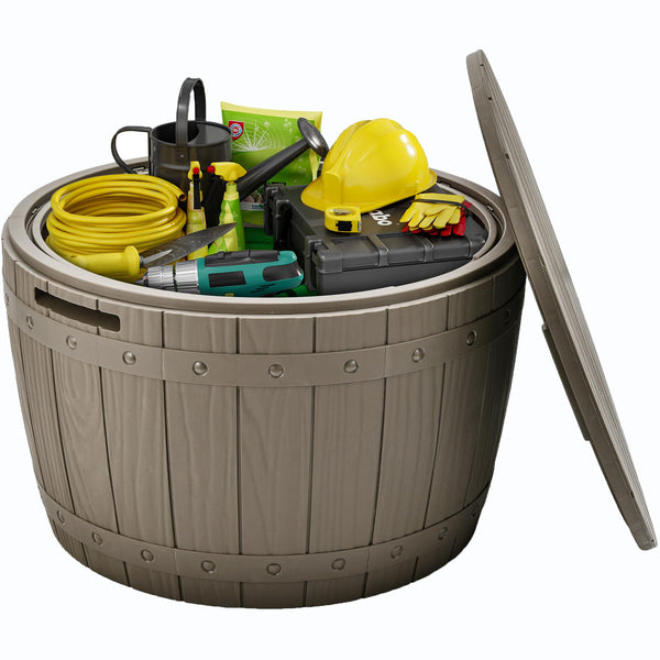 YITAHOME Outdoor Resin Storage Container, 33-Gallon Round Deck Organizer for Patio, Cushion, Pool Accessories, Lightweight & Weatherproof, Doubles as Table, Light Brown