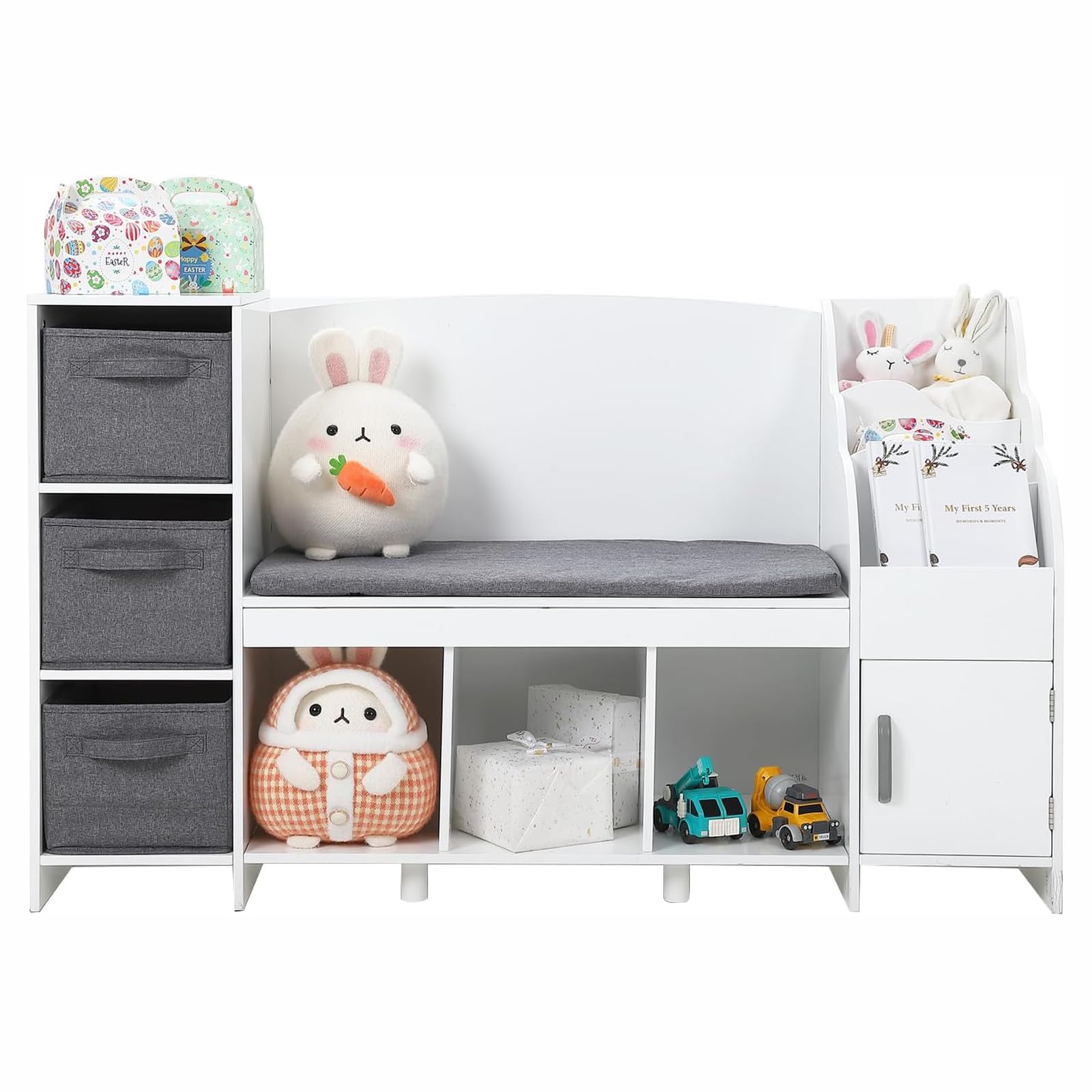 GarveeHome Kids Bookshelf with Reading Nook, Bookcase with Detachable Cushion, Adjustable Shelf,Storage Organizer with Book Rack for Bedroom, Playroom, Gift for Boys and Girls, White
