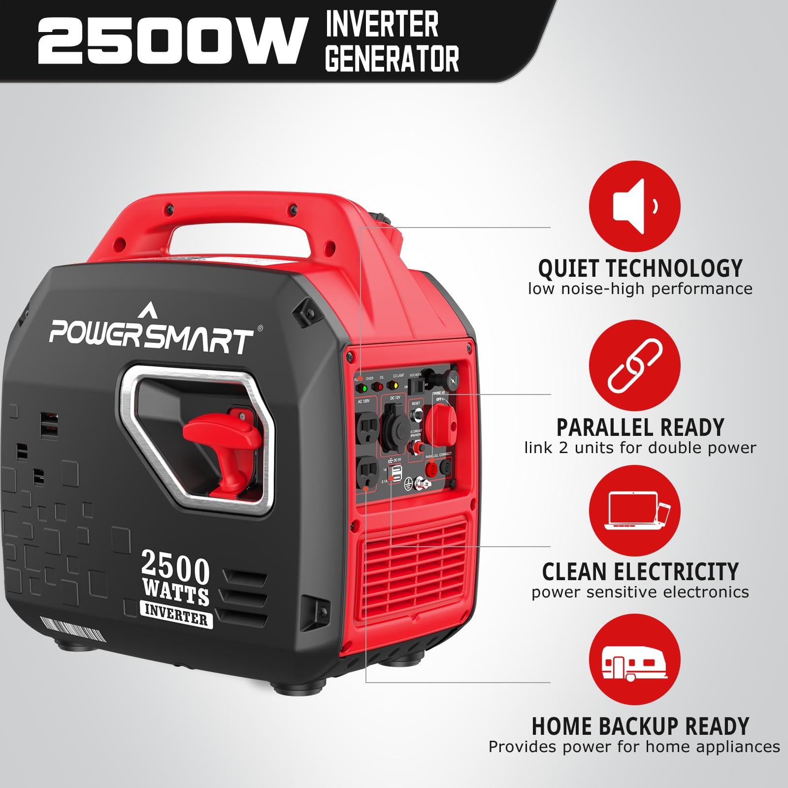 PowerSmart 2500-Watt Portable Gas Inverter Generator, Super Quiet, High Fuel-Efficient Generator, Lightweight, CARB Compliant PS5025