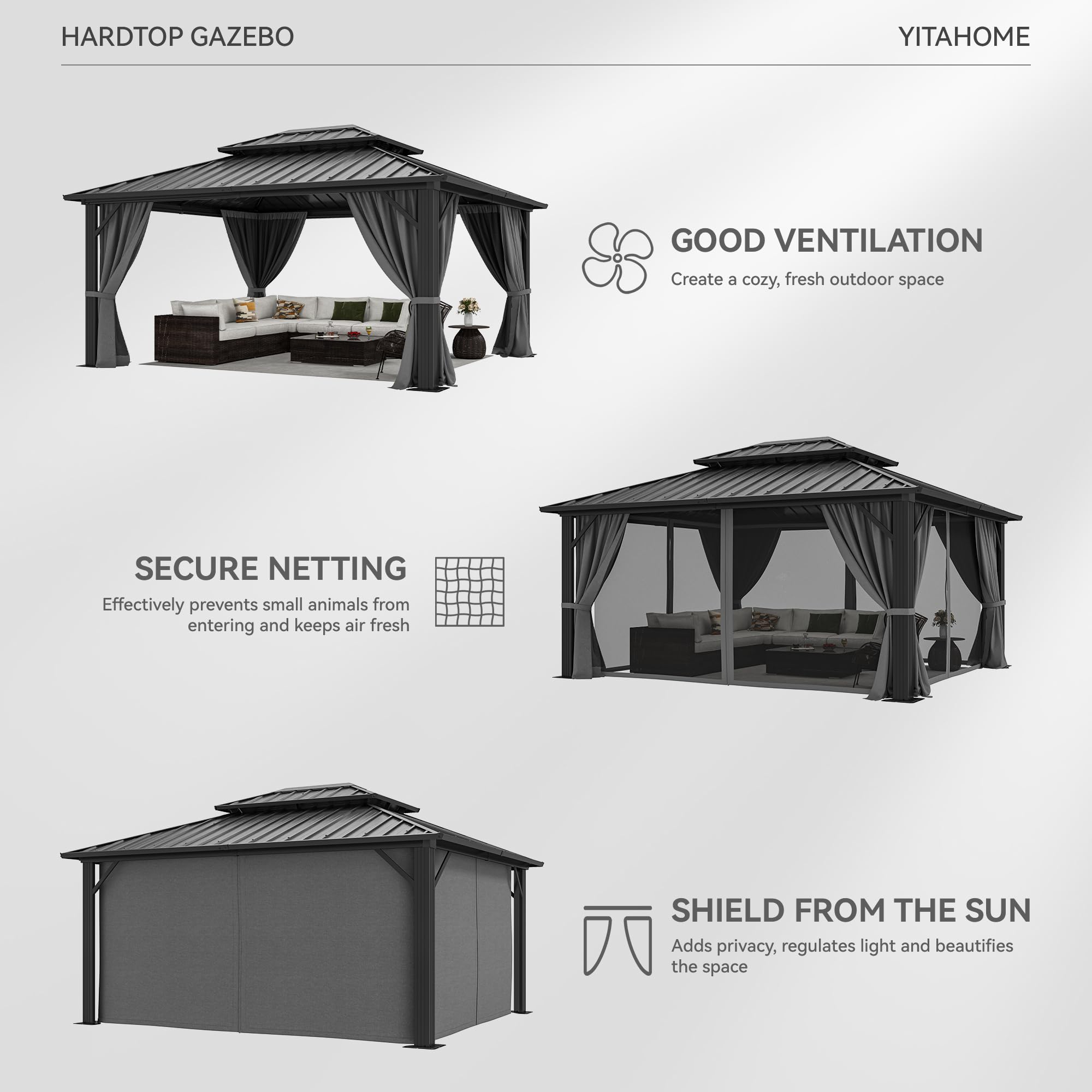 YITAHOME 10X12FT Hard Top Metal Gazebo Patios Double Roof Canopy Aluminum Frame Garden Gazebo Tent Curtains Netting for Patios Backyards Decks Lawns Gray
