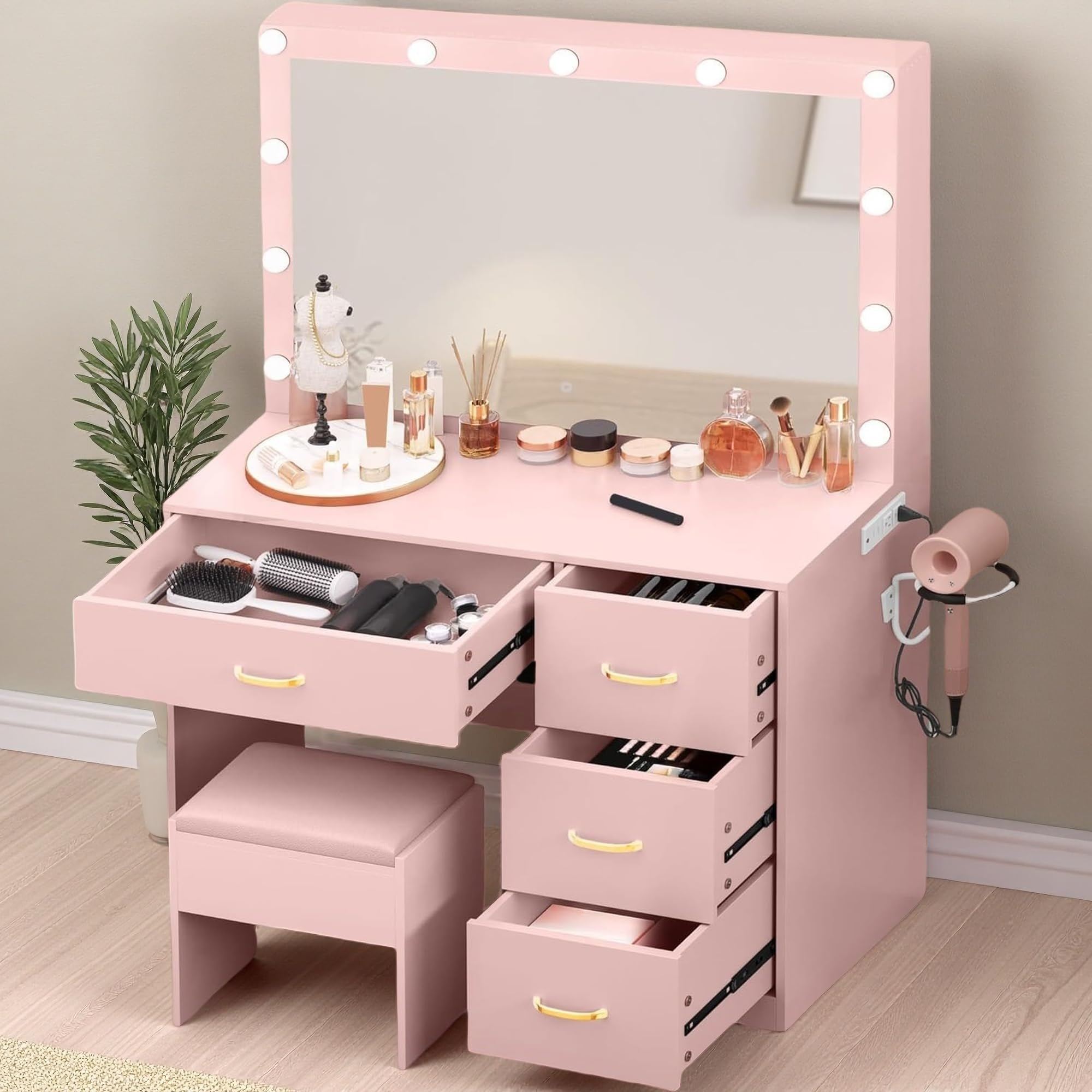 DWVO Vanity Desk with Mirror and LED Lights, Large Makeup Vanity Table Set with Power Outlet & 4 Drawers & Cushioned Stool, Dressing Table with 3 Adjustable Lighting for Dressing Room, Pink