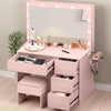 DWVO Vanity Desk with Mirror and LED Lights, Large Makeup Vanity Table Set with Power Outlet & 4 Drawers & Cushioned Stool, Dressing Table with 3 Adjustable Lighting for Dressing Room, Pink