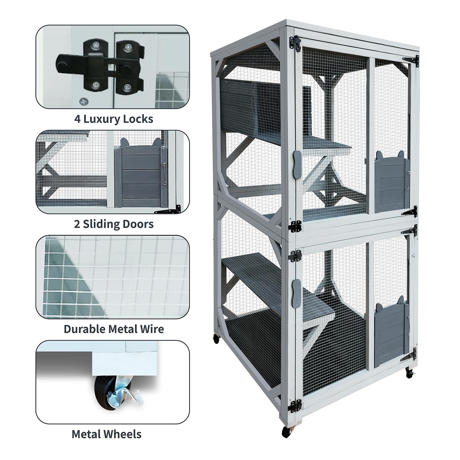 71'' Catio Outdoor Cat House on Wheels, Outdoor Cat Enclosure for 2 Cats Cat Cage with Waterproof Cover, Feral Cat Shelter with 4 Platforms and Resting Box