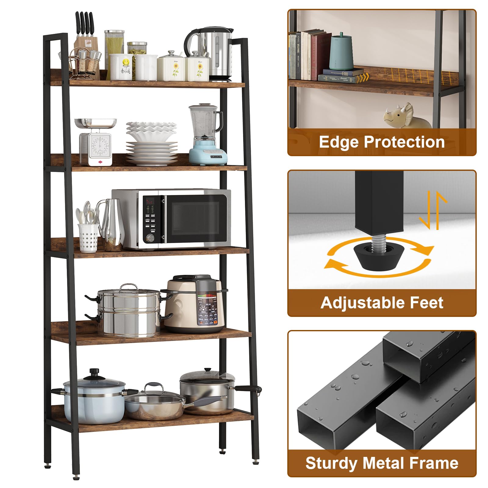 GarveeHome 5 Tier Bookshelf, Narrow Home Office Book Shelf Display Rack, Rustic Brown Storage Organizer with Open Shelves, 67" Tall Wood Bookcase with Metal Frame for Bedroom Kitchen Living Room