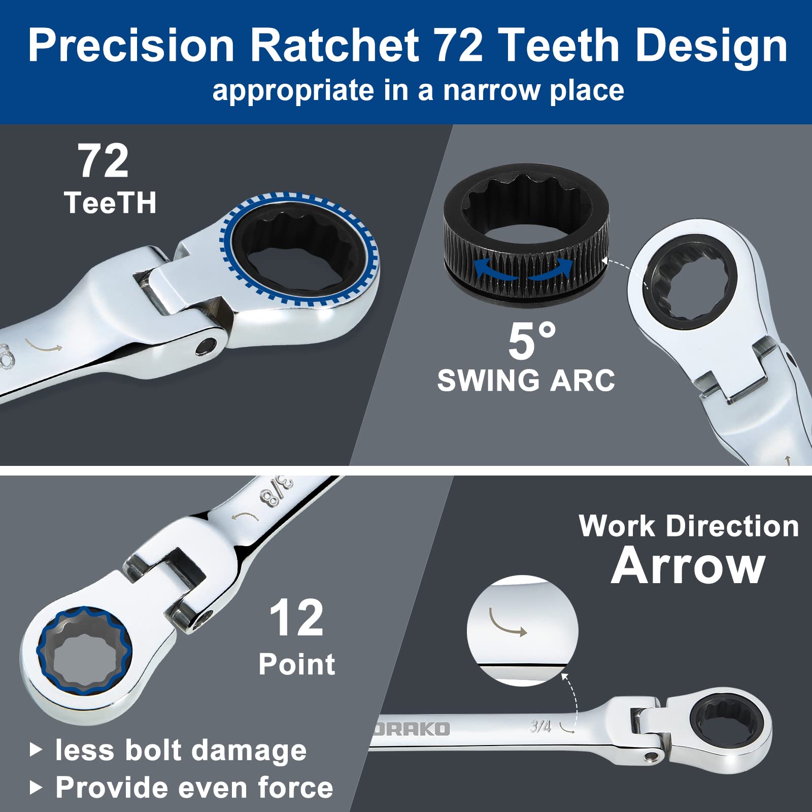 Ratcheting Combination Wrench Industrial Grade Cr-V Steel Gear (B-16Pcs Set)