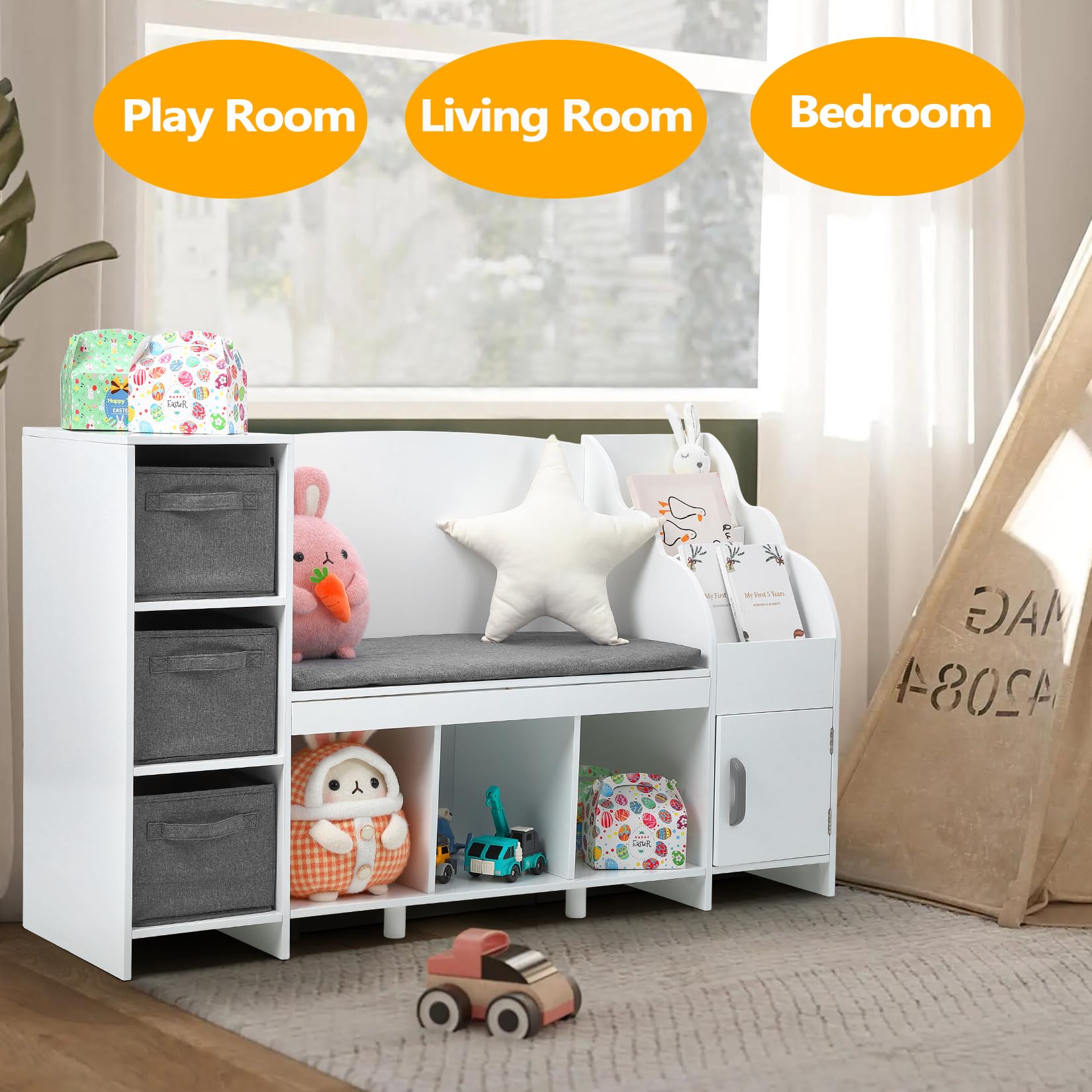 GarveeHome Kids Bookshelf with Reading Nook, Bookcase with Detachable Cushion, Adjustable Shelf,Storage Organizer with Book Rack for Bedroom, Playroom, Gift for Boys and Girls, White