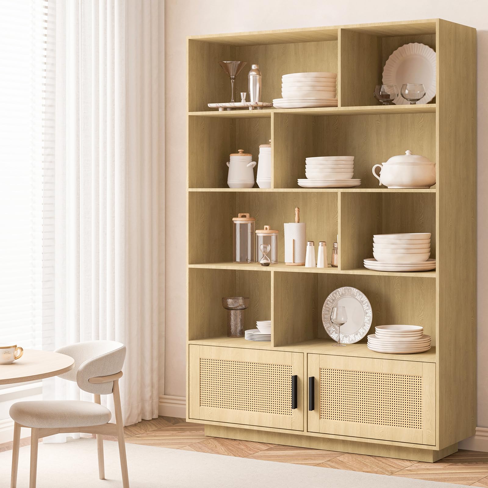 GarveeHome 5 Tier Bookshelf, Boho Bookcase with Rattan Doors, Wooden Bookcase and Bookshelf with Storage, Tall Book Stand, Large Bookshelf for Living Room, Bedroom, Home Office, Kitchen