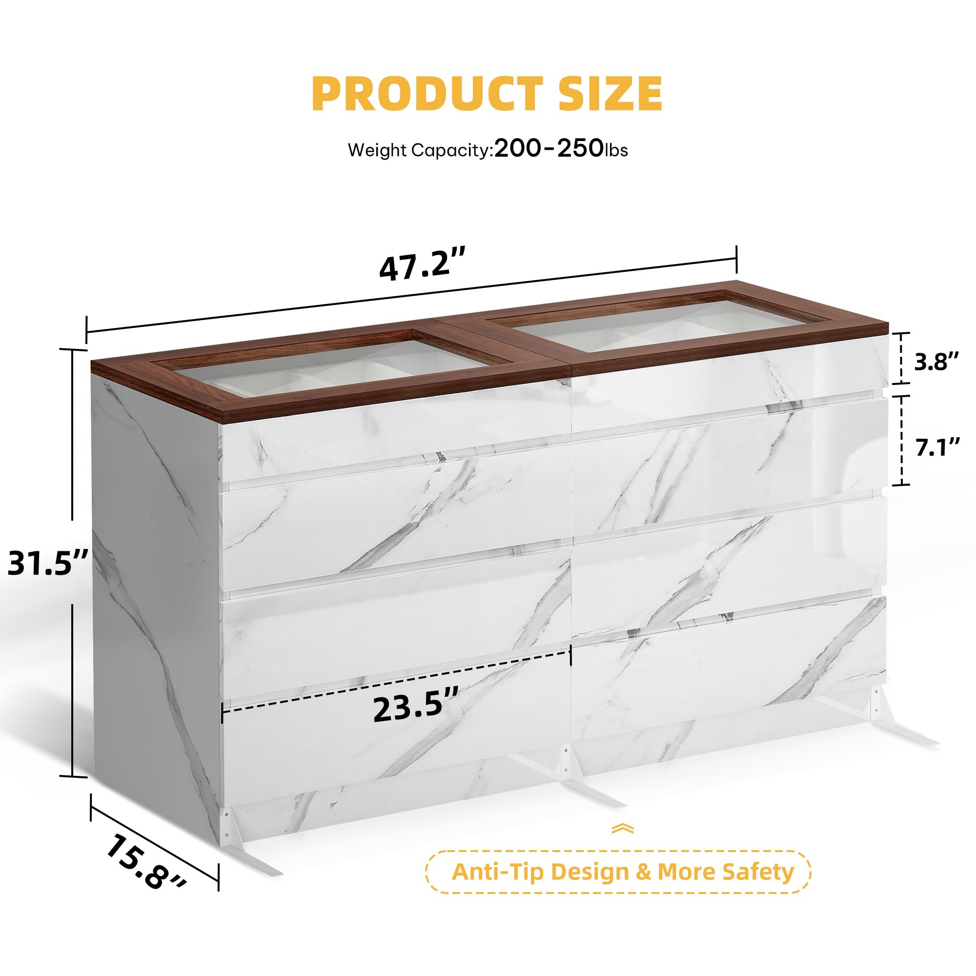 DWVO 8 Drawer Dresser with LED Light,White Marble Dresser, Modern 8 Chest of Drawers with Deep Drawers Glass Top High Gloss Surface, Storage Organizer Cabinet for Living Room, Bedroom