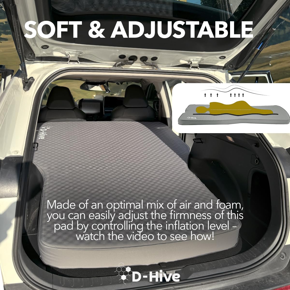 D-Hive Camping Mattress - Compatible with Tesla Model Y, 4.5" Extra Thick Self-Inflating Air Mattress, Self-Inflating Sleeping Pad Car Mattress, Solid Foam for All-Seasons, Fits SUVs incl Pump