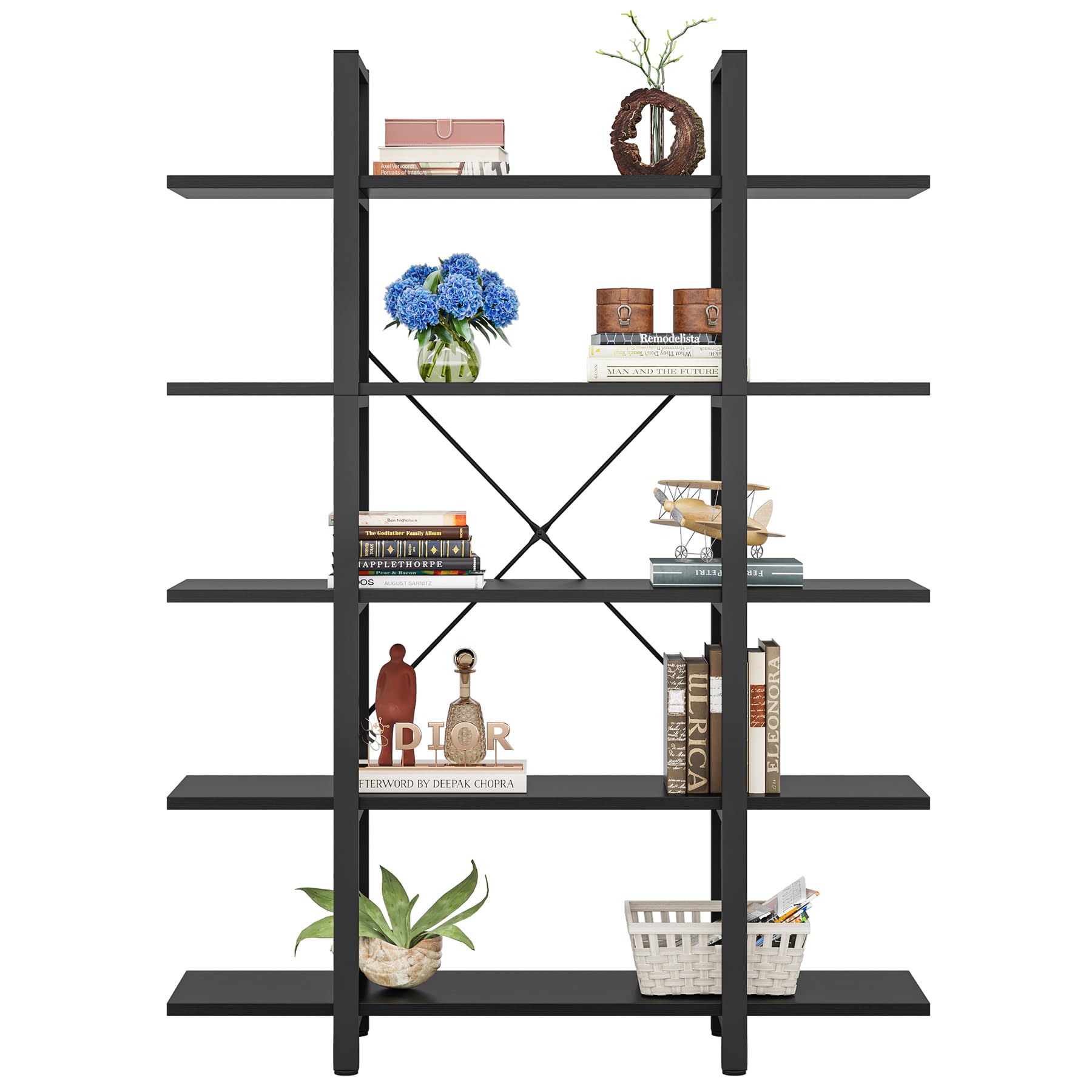 Tribesigns 5-Tier Bookshelf, Vintage Industrial Style Bookcase 72 H x 12 W x 47L Inches, Black