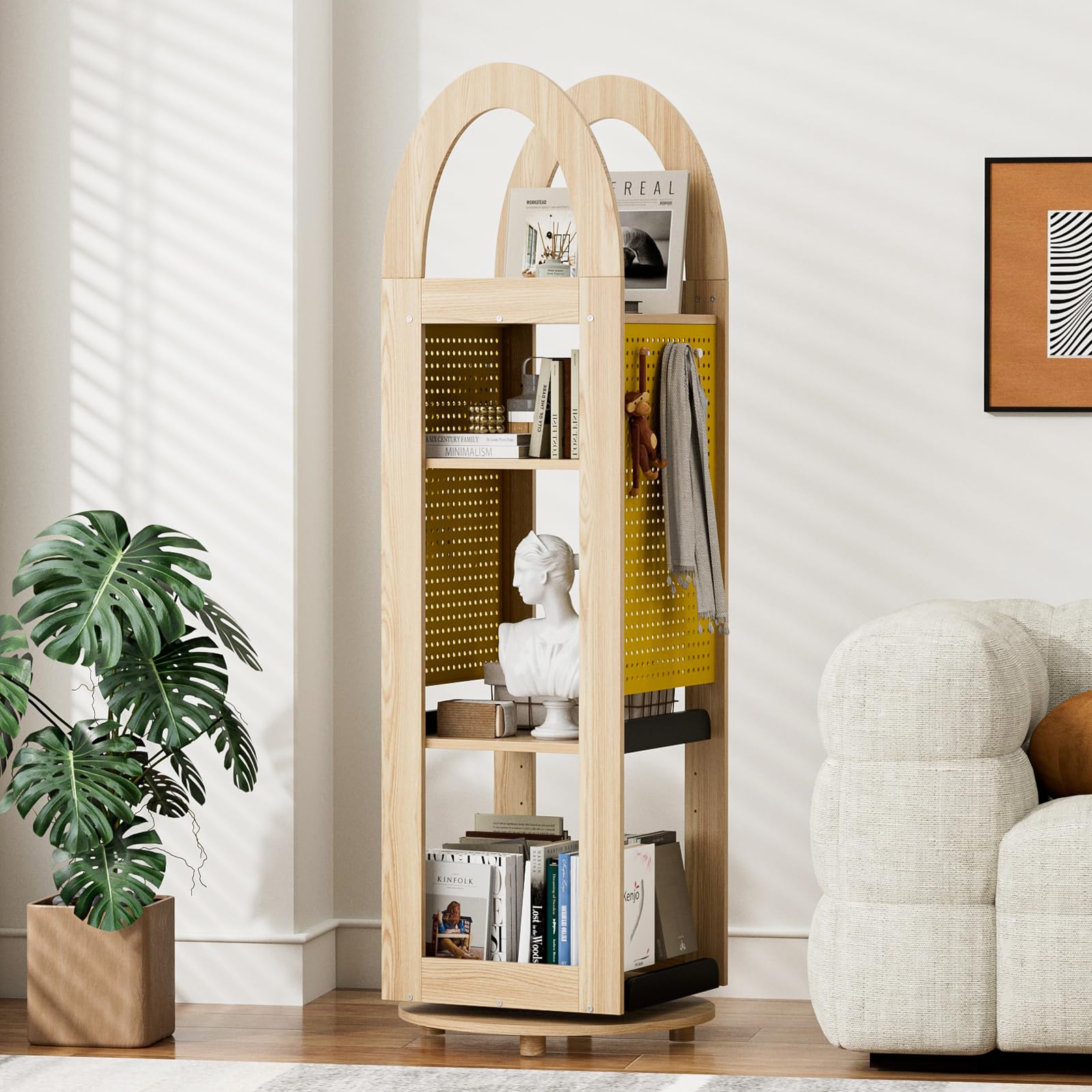 PulSpeed 360° Rotating Bookshelf 59" Tall - 4-Tier Solid Beech Wood & Iron Shelf DIY Pegboard, Anti-Tip Design Heavy Duty Storage for Small Space/Office/Living Room/Nursery/Apartment/Kid's Room