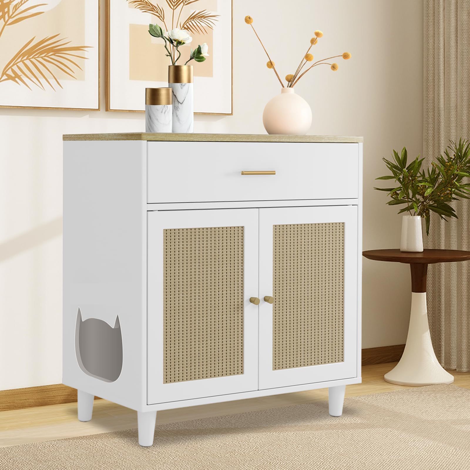GarveeLife Hidden Cat Litter Box Furniture with Storage Drawer, Wood Cats Litter Enclosure Cabinet with 2 Sisal Doors, Hidden Enclosed Kitty Litter Box Cabinet Dog Proof for Living Room White