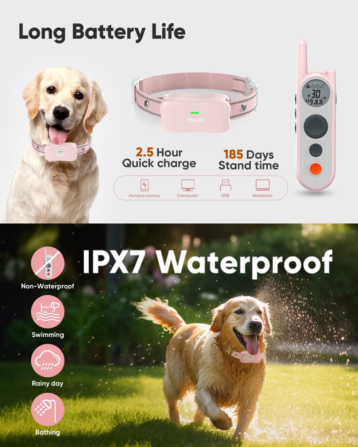 Htcuto Wireless Dog Fence System - 3500ft Range, 6000ft Remote Training Collar 2-in-1, Rechargeable, IPX7 Waterproof, 3 Modes (Beep, Vibration, Shock), Keypad Lock, LED Light for 10-130lbs Dogs