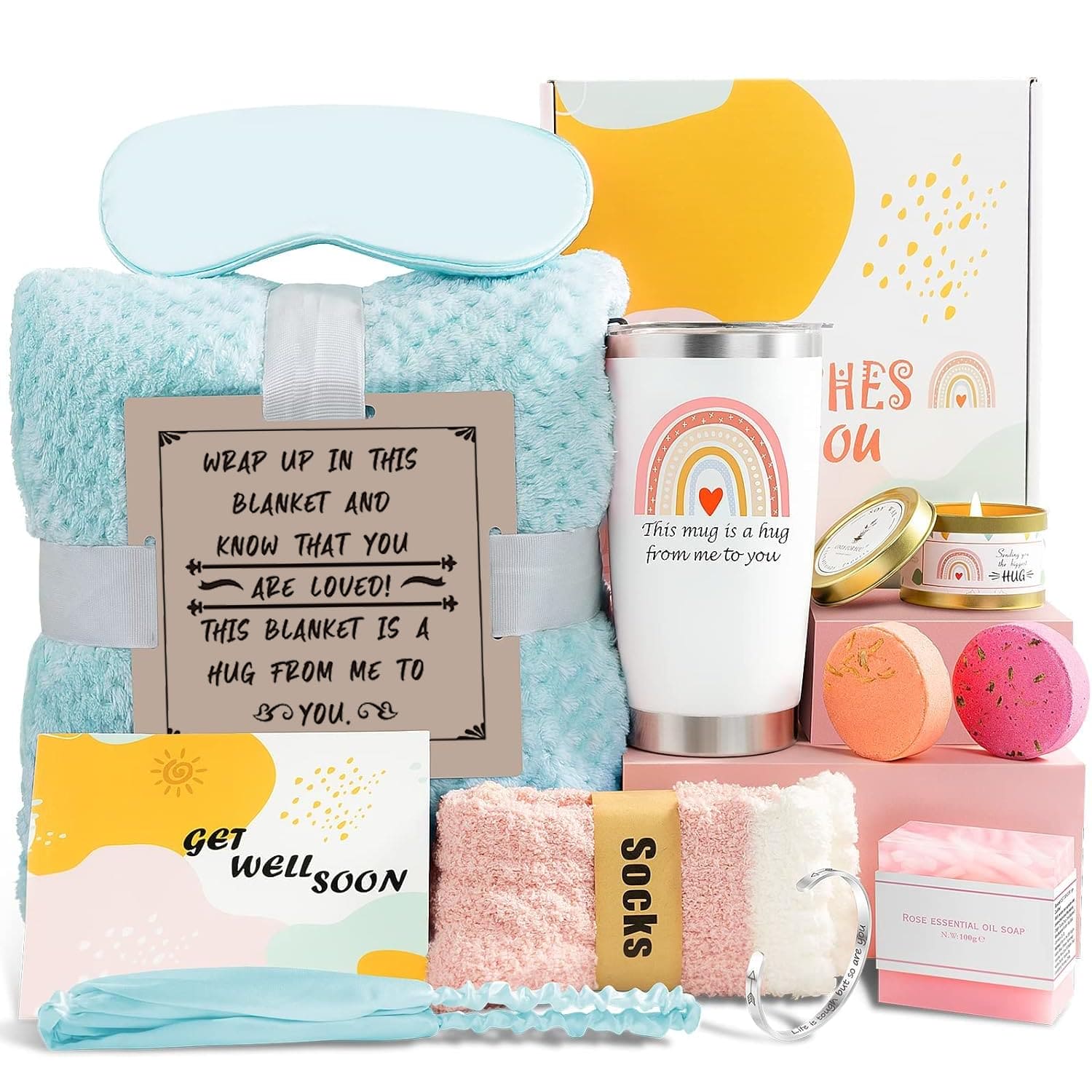 Get Well Soon Care Package, 12 Pcs Birthday Gift Basket, Feel Better Self Care Box for Sick Friend After Surgery, Relaxing Spa Gift, Sympathy Gift Thinking for Mom Her Friend Sister Wife Cyan Blanket