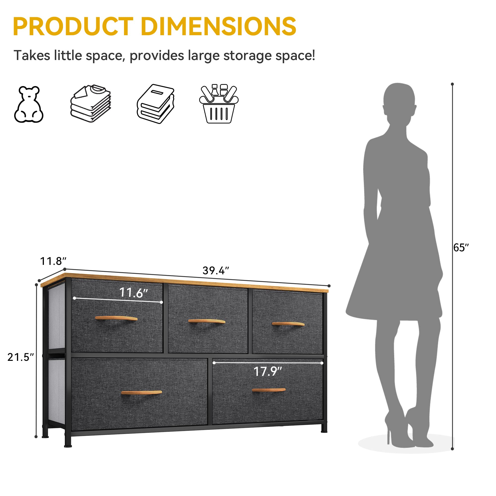 DWVO Dresser TV Stand, Fabric Dresser with 5 Drawers, Dresser for Bedroom, Wide Dresser, Storage Tower, Chest of Drawers for Closet, Living Room, Hallway, Dull Grey