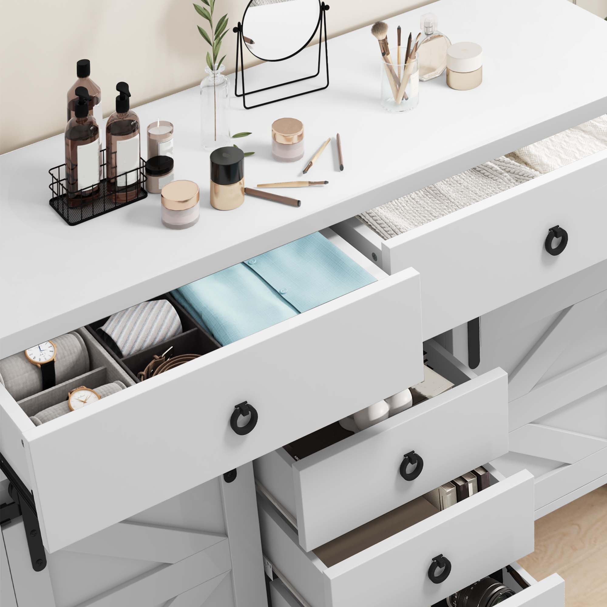 DWVO 54" Farmhouse Dresser for Bedroom, Large Modern Chest of Drawers, Wood Rustic Dresser TV Stand with 5 Drawers & 2 Sliding Barn Doors for Living Dining Room, Entryway, Hallway, White