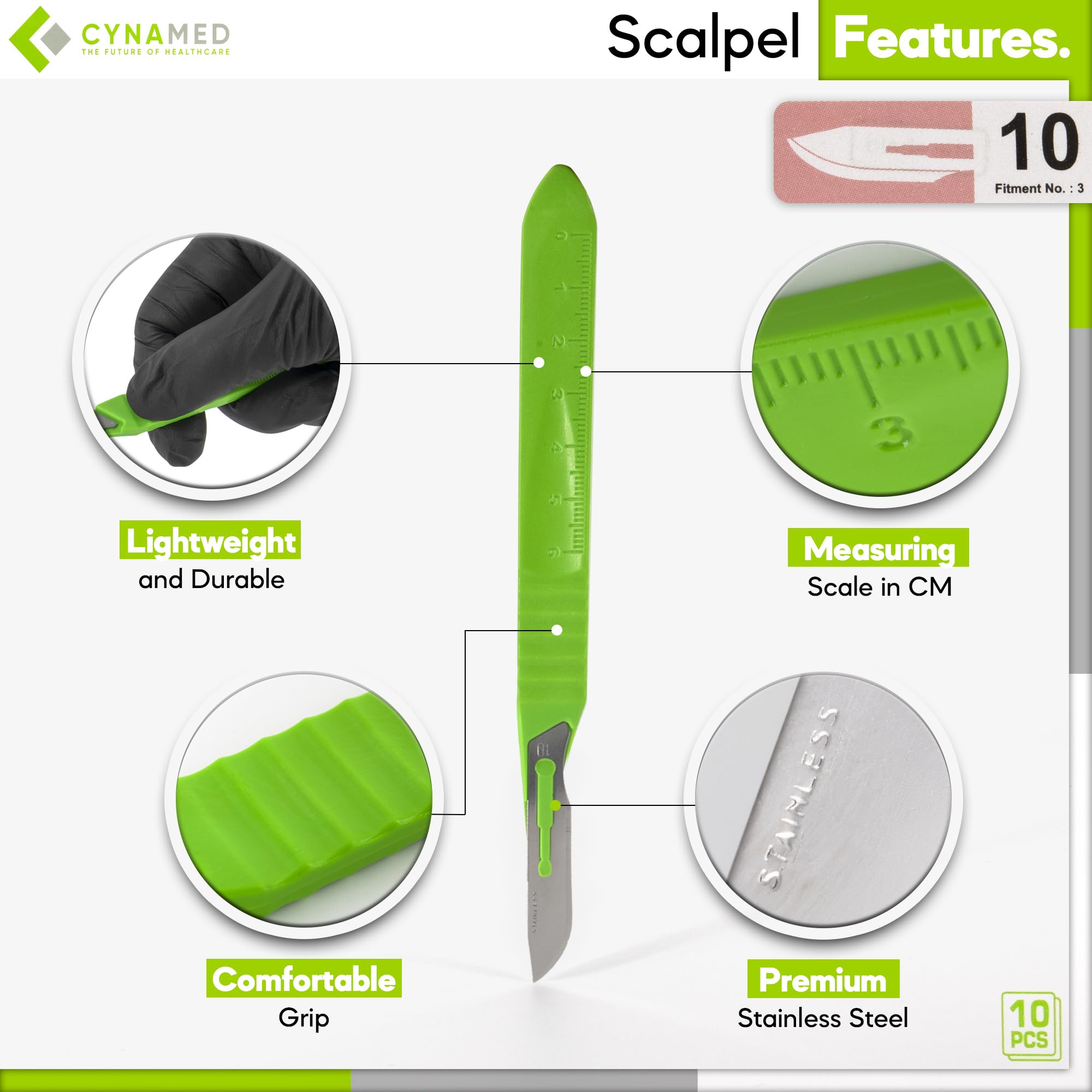 Cynamed Disposable Scalpel Blades| Sharp, Tempered Stainless-Steel Blades | Pack of 10 Sterile Scalpel Knives| Plastic Handle| Individual Pouches| for Dermaplaining, Podiatry, Crafts & More (No.10)