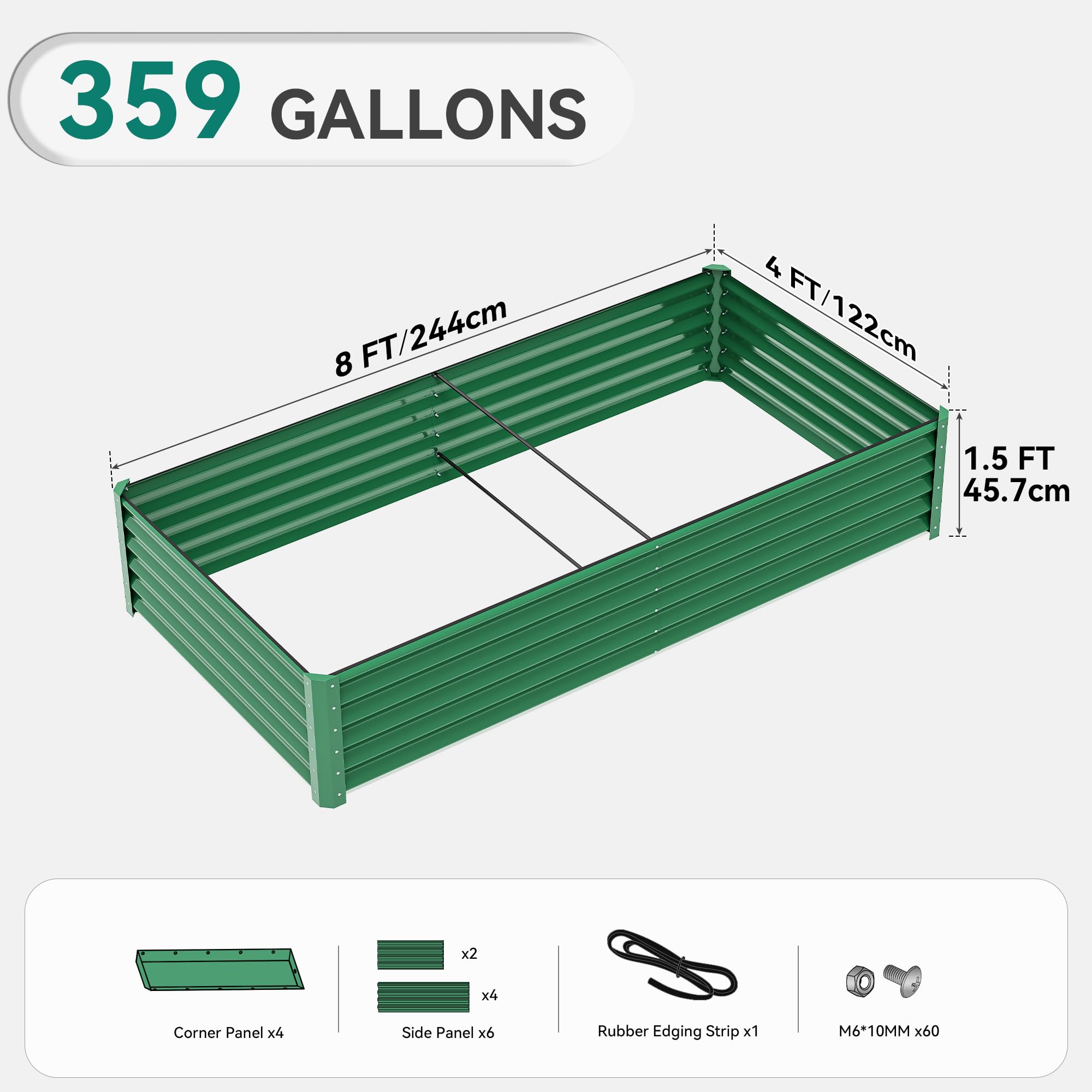 YITAHOME 8x4x1.5ft Large Raised Garden Bed Kit, Galvanized Metal Planter Box with Gloves, Ground Nails & Safety Rubber, Outdoor Above Ground Planters for Plants Vegetables Flowers, Green