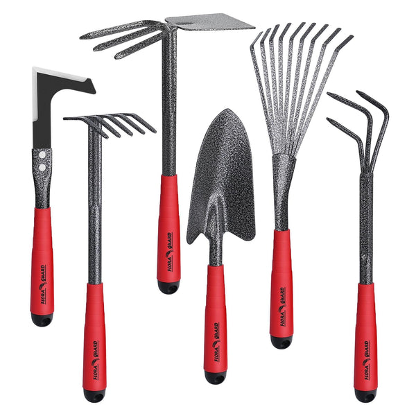 FLORA GUARD Garden Tool Set， 6 Piece Heavy Duty, Large Size Gardening Hand Tools, Sturdy & Durable, Classic Utility Gardening Gift for Men and Women