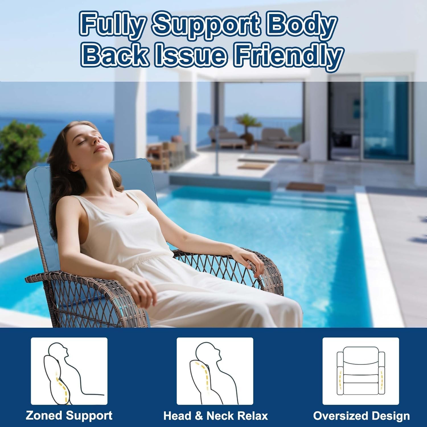 3-Piece Swivel Rocking Patio Chairs Set with 2 360-Degree Swivel Rocking Chairs and Tempered Glass Top Side Tabl, Outdoor Wicker Patio Bistro Set With Thickened Cushions for Poolside/Garden/Deck（Blue）