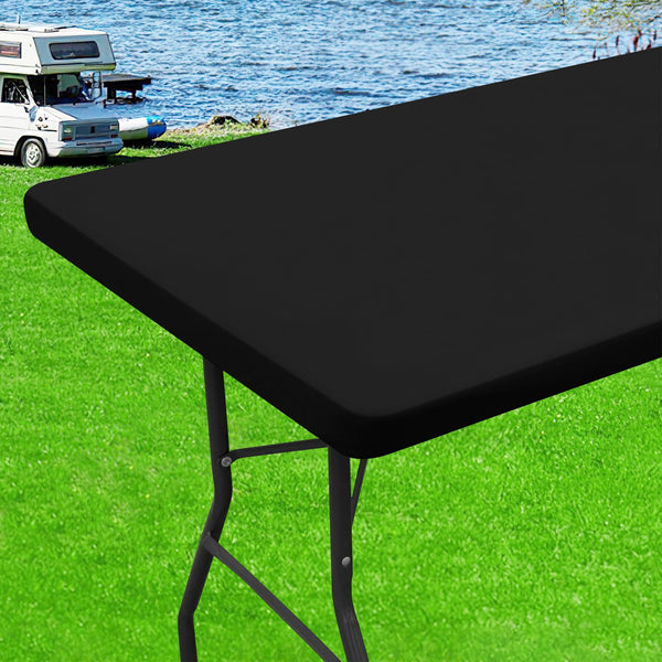homing 6 Foot Rectangle Elastic Fitted Tablecloth, Waterproof Fabric Table Cover, Washable Polyester Table Cloth for Picnic, Camping, Outdoor (Black, 30
