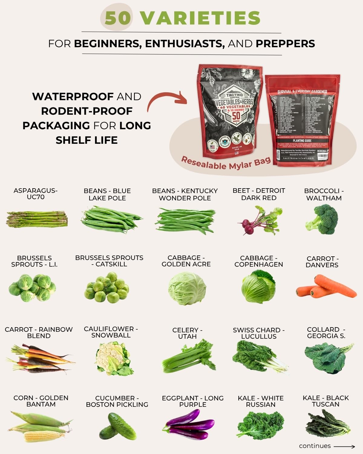 50 Tactiko Survival Vegetable, Herb & Fruit Seed Kit - U.S.A. Harvested Varieties - Over 25,000 Non-GMO Heirloom Seeds - Emergency Seed Vault in Waterproof Mylar Bag - Long-Term Storage