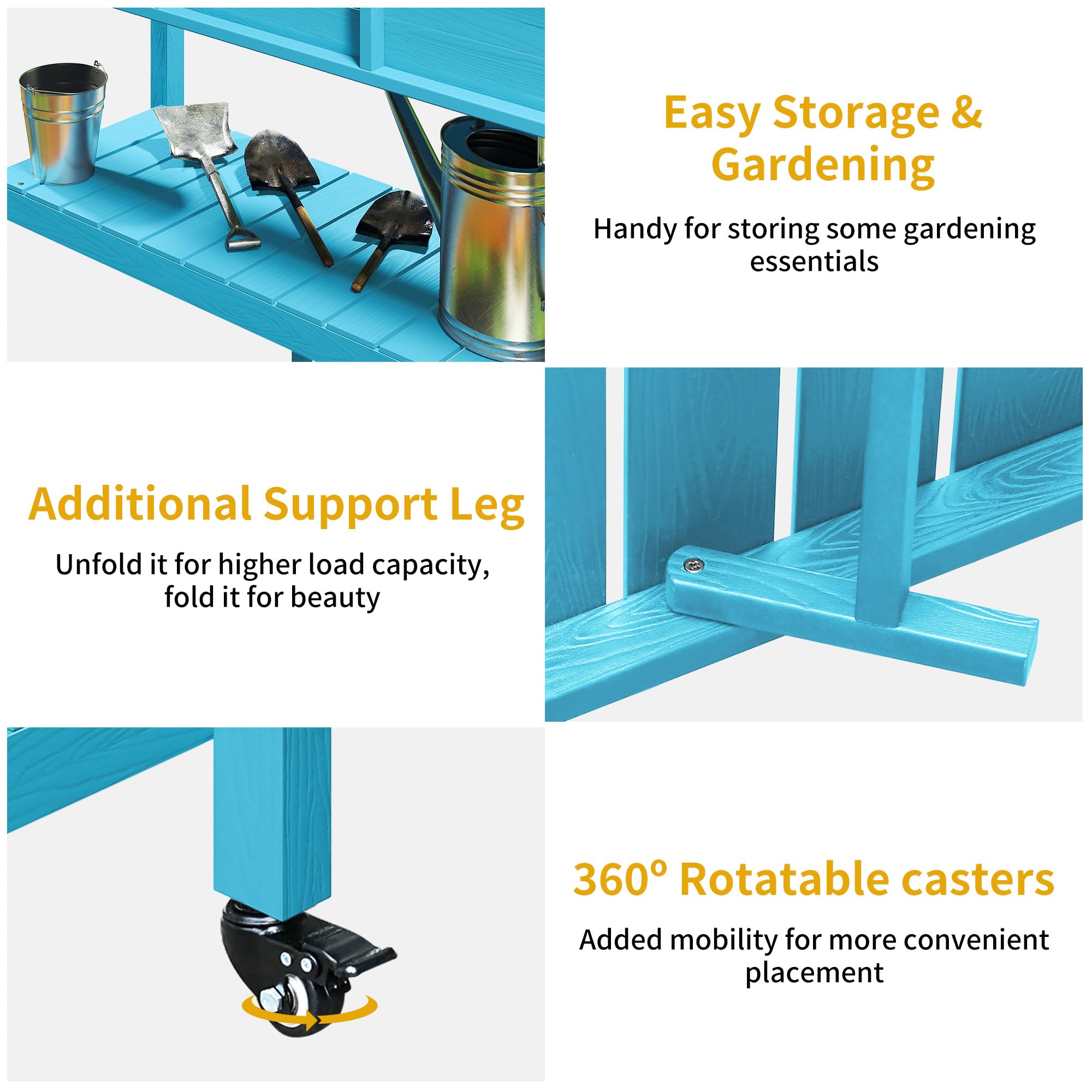 DWVO 47x18x31in Raised Garden Bed, Weather Resistant Poly Wood Planter Box Stand, Planter Box with Legs, Storage Shelf & Lockable Wheels, Elevated Garden Bed for Backyard Patio Balcony - Aruba Blue