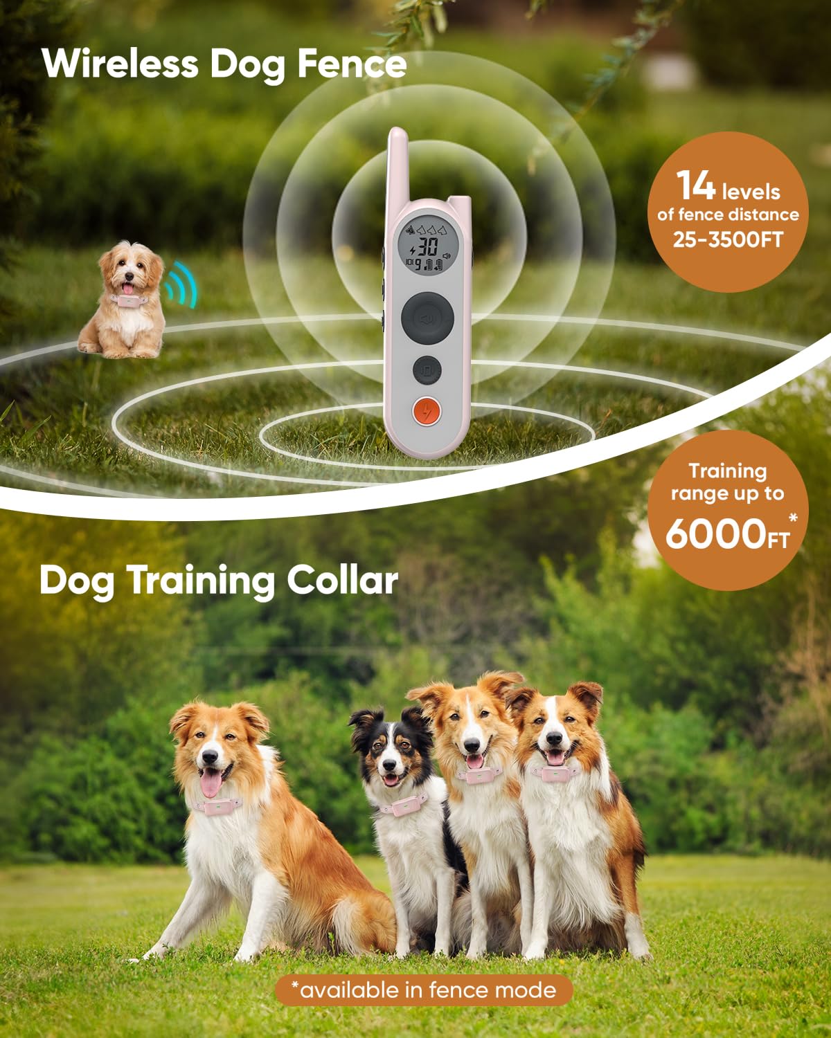 Htcuto Wireless Dog Fence System - 3500ft Range, 6000ft Remote Training Collar 2-in-1, Rechargeable, IPX7 Waterproof, 3 Modes (Beep, Vibration, Shock), Keypad Lock, LED Light for 10-130lbs Dogs