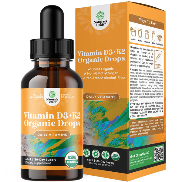 Natures Craft Liquid Vitamin D3 with K2 for Adults - Organic Drops 2000IU per Serving Vegan Bone Muscle Heart & Immune Support MCT Oil Enhanced Absorption - 2Fl Oz (Pack of 1)