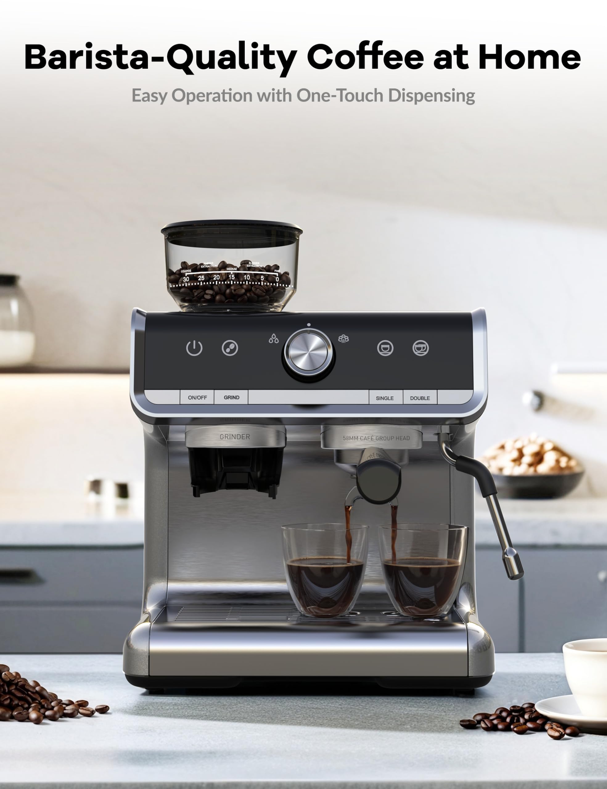 Espresso Machine, 20 Bar Semi Automatic Espresso Machine With Grinder and Milk Frother Wand, Professional Espresso Maker Coffee Machine With 95oz Removable Water Tank (Light Grey)