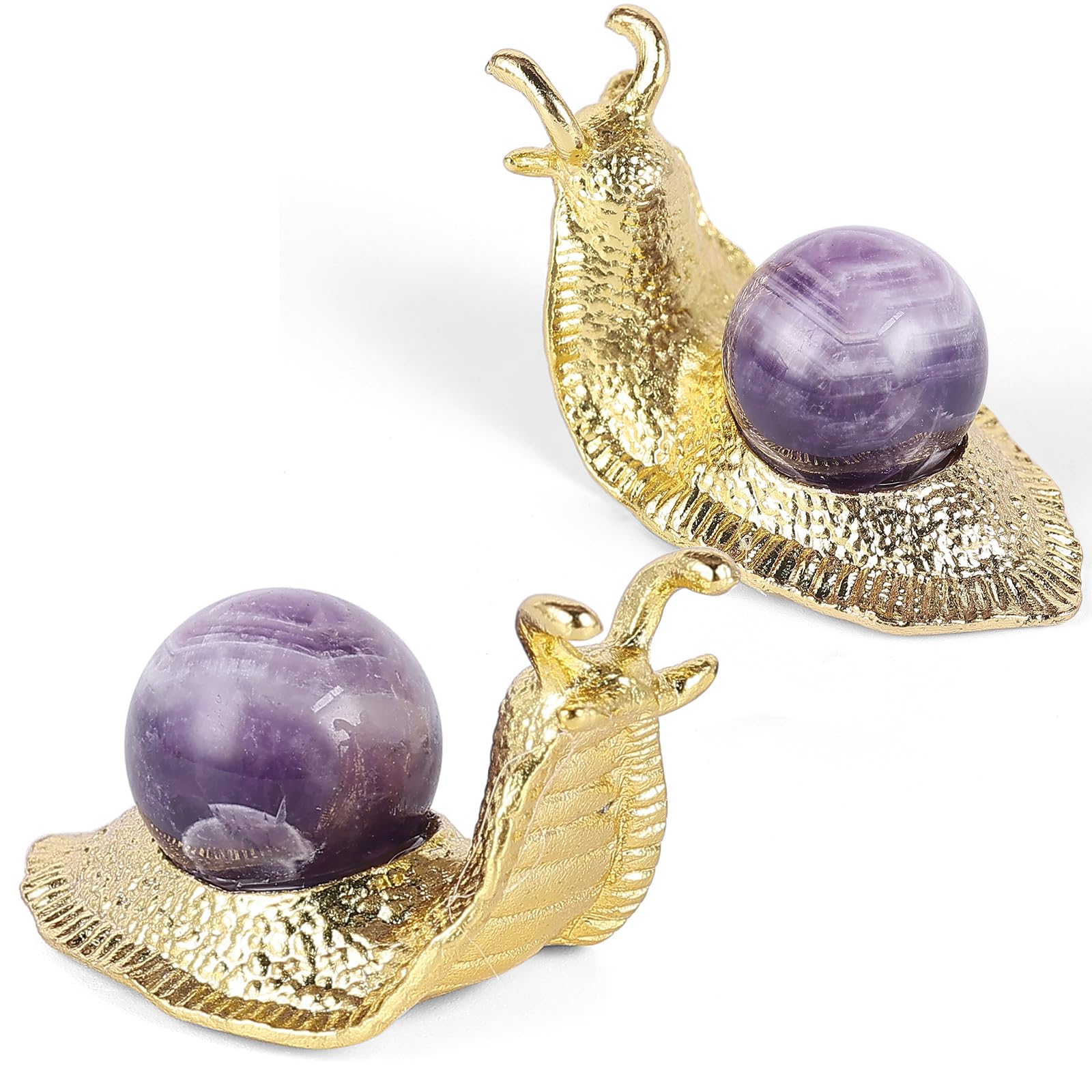 SHENGTIAN 2-Piece Set, 2-Inch Handcrafted Gold Snail Statues with 0.78-Inch Natural Amethyst Crystal Balls, Symbolizing Safety and Journey, Ideal for Desk and Home Decor (Amethyst)