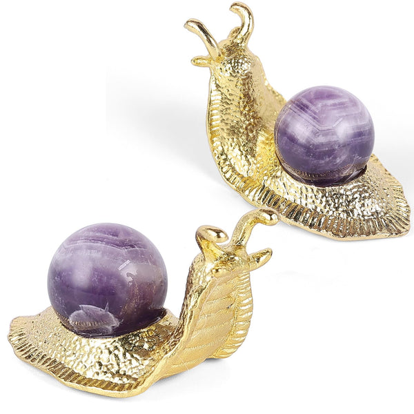 SHENGTIAN 2-Piece Set, 2-Inch Handcrafted Gold Snail Statues with 0.78-Inch Natural Amethyst Crystal Balls, Symbolizing Safety and Journey, Ideal for Desk and Home Decor (Amethyst)