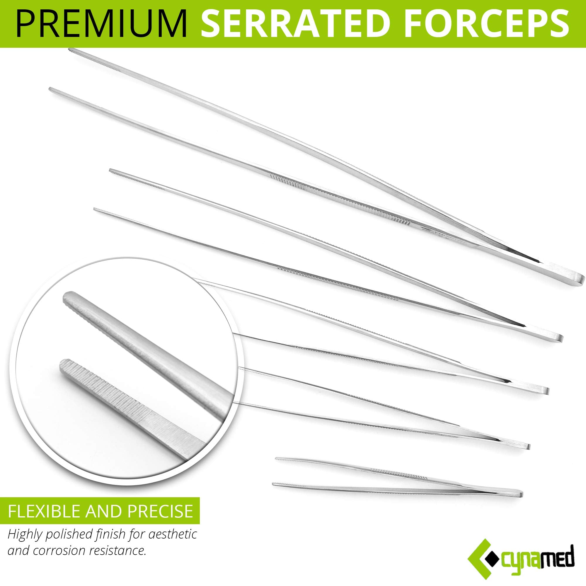 Cynamed Set of 5 Thumb Tweezer Multipurpose Forceps 5-12in. Blunt Serrated Tips Stainless Steel
