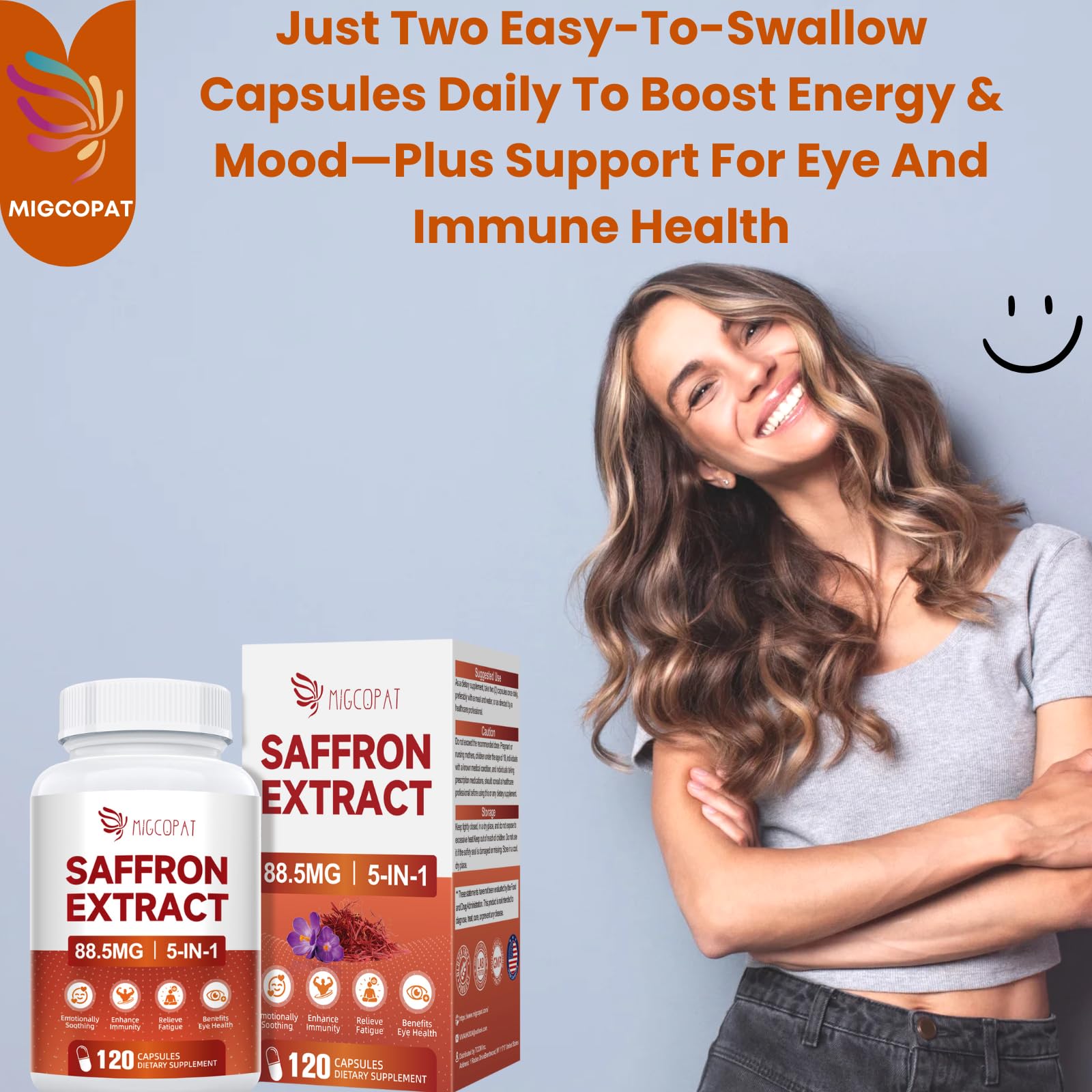 Happy Saffron Supplements - 5 In 1 Saffron Capsules With 10:1 Saffron Extract 88.5mg, Ginseng, Goji Berry & Chrysanthemum – Supports Memory, Focus, Mood, Energy, Emotional Balance & Eye Health